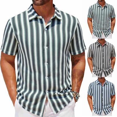 Men's Summer Beach Casual Shirt Yarn-dyed Striped Short-sleeved Lapel Shirt