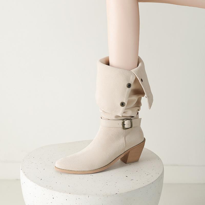 Women's high-heeled boots autumn and winter new thick-heeled suede mid-boots in size