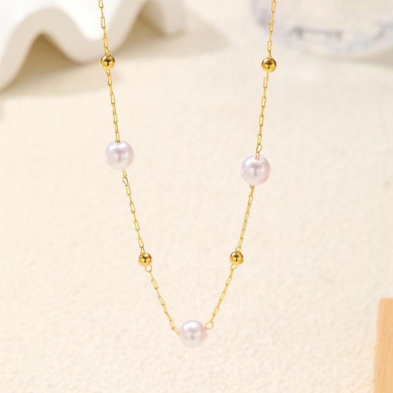 Imitation Pearl Necklace for Women Simple Fashionable Light Luxury and Cold Style Metal Ball Clavicle Chain Jewelry