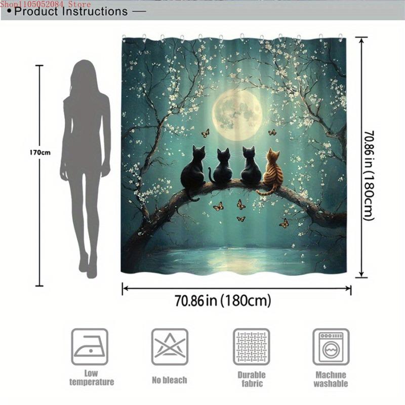 1pc Moonlight Cats Shower Curtain Surreal Fantasy Digital- With Hooks Waterproof Mildew Proof Easy Install Washable