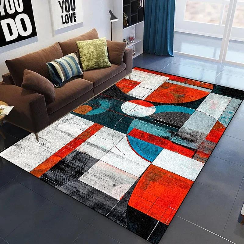 Nordic Abstract Geometric Area Rug Orange Black Large Carpet for Living Room Soft Non-Slip Washable Floor Mat Home Decor