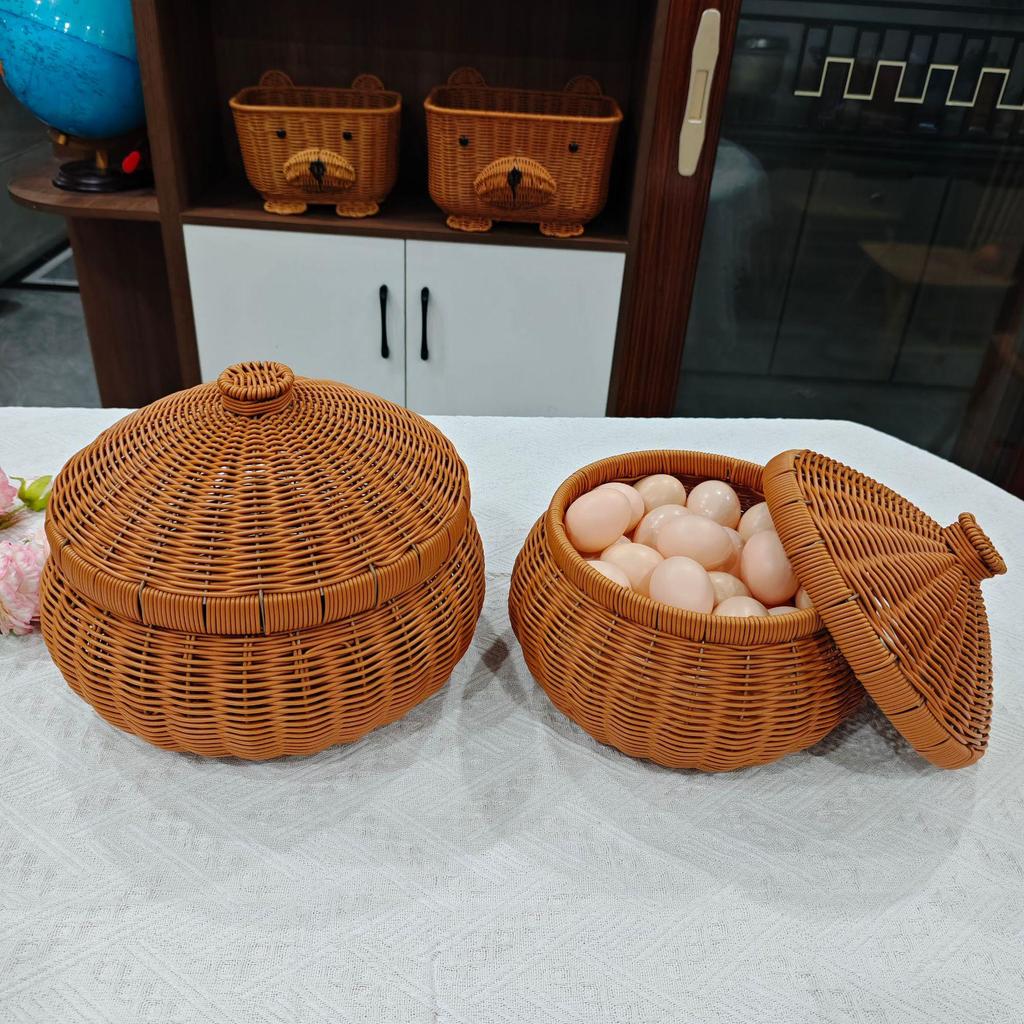Round Handmade Woven Storage Basket with Lid - Imitation Rattan for Eggs, Snacks, Dried Goods, Tea, and More