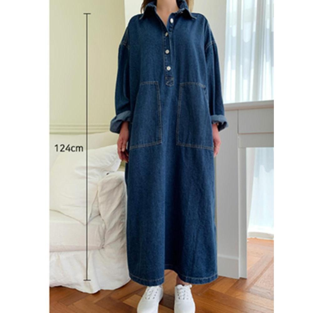 Korean Loose Drawstring Denim Dress Women Chic Split Women's Dresses Elegant Blue Pocket Dresses Korea