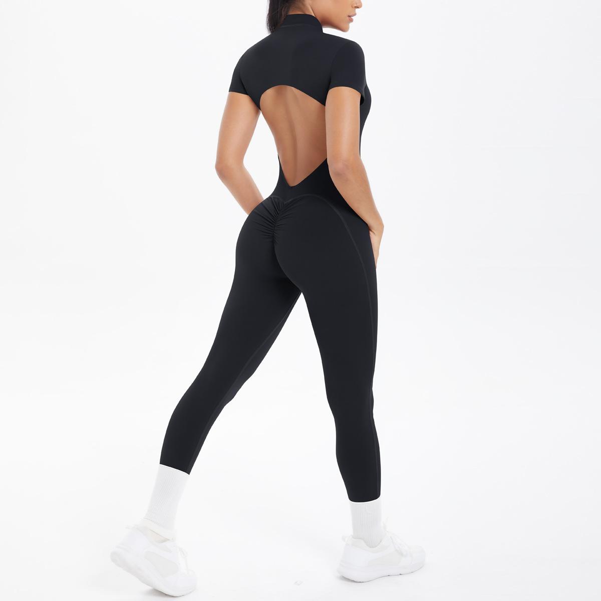

New Tight Fitting Backless Hollow Short Sleeved Pants Jumpsuit, Sports Running Fitness Jumpsuit, Yoga Suit L чорний