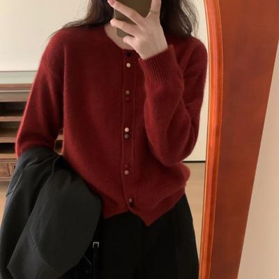 Nouveau design Printemps et Automne couleur unie doux cireux veste pull pour femme ample col rond cardigan tricoté top