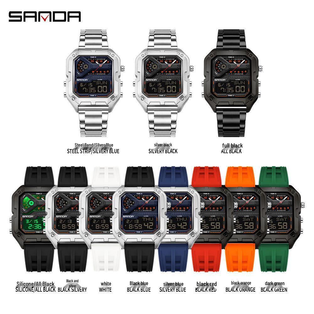 SANDA Men's Luxury Quartz Watch - Steel Band, Waterproof, Three-Time Zone, Versatile for Casual and Workplace Wear.