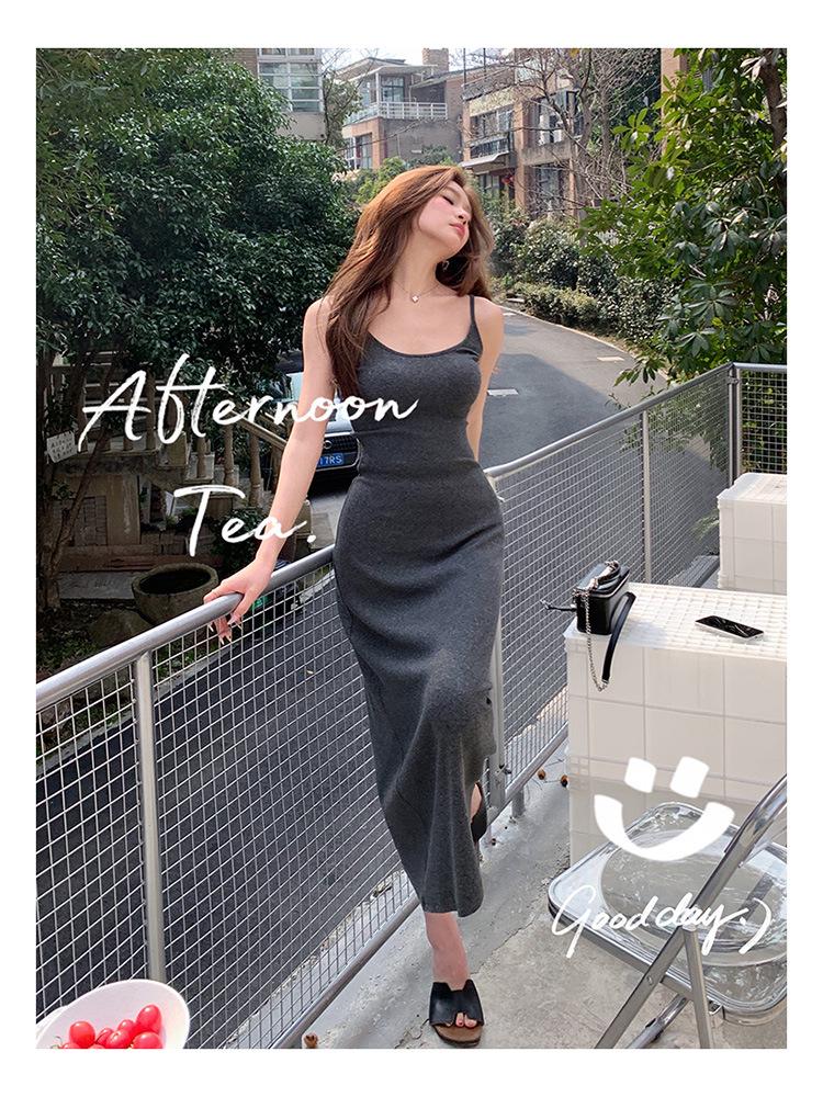 Spring/Summer 2026 French Style Slim Bodycon Spaghetti Strap Long Dress
