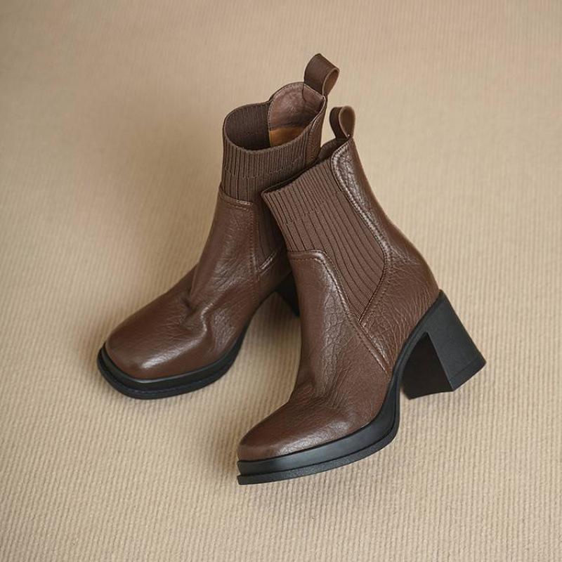 

Осень и зима кожаный рукав ботинки Мартина высокий каблук большой размер женские ботинки однотонные воловья кожа круглый носок толстая подошва резиновая подошва низкие ботинки 40