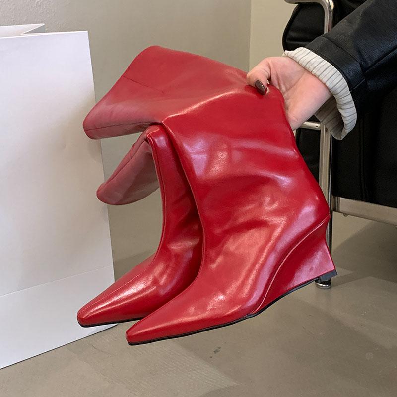 Fashion Fashion Pointed Toe Modern Ladies Knee High Boots With Wedges Shoes Female Slip On Footwear Women Long Boots Heeled Shoes Pumps
