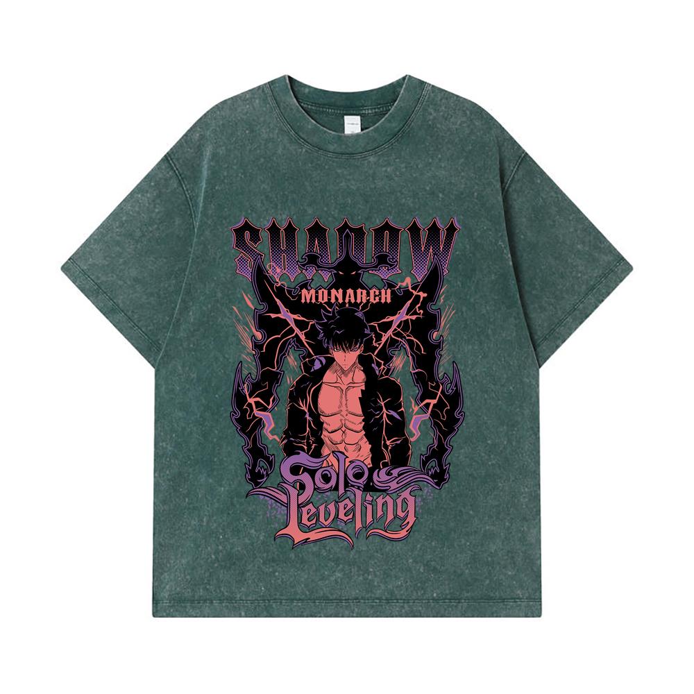 275 GSM Washed T-shirts 100% Cotton Solo Leveling V3 Shadow Monarch Print Unisex Heavy Cotton T Shirt