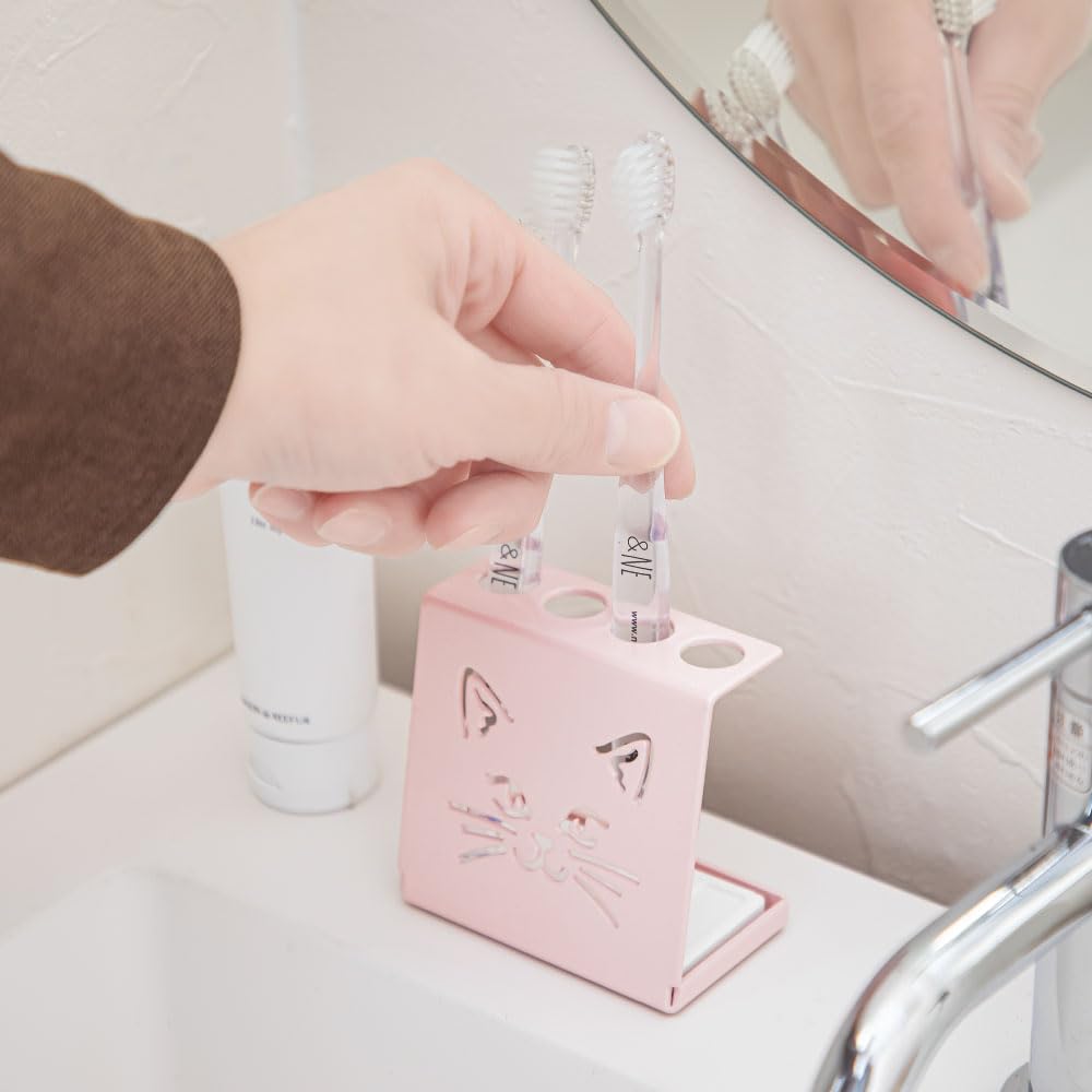Diatomaceous Earth Steel Toothbrush Stand Cat Pearl Pink x 5cm x 8cm Made in Japan Hygienic Holds 4 Toothbrushes Tray Freestanding Drying Moisture