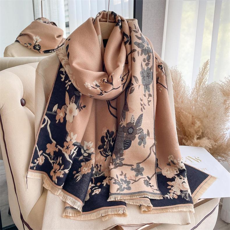 2024 Autumn/Winter New Color Blocked Imitation Cashmere Women'S Tassel Shawl Thickened Warm Double Sided Jacquard Wool Scarf