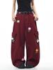 Burgundy Floral Embroidery Retro Cargo Pants - Unisex Loose Fit Denim with Wide Legs for Autumn
