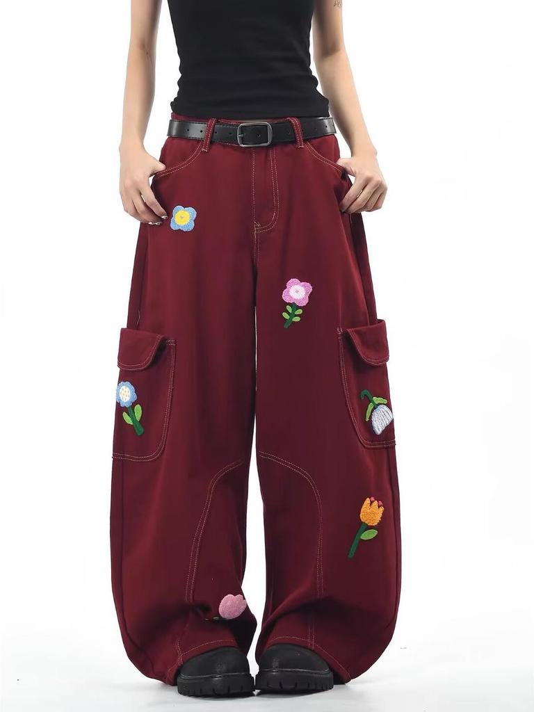 Burgundy Floral Embroidery Retro Cargo Pants - Unisex Loose Fit Denim with Wide Legs for Autumn