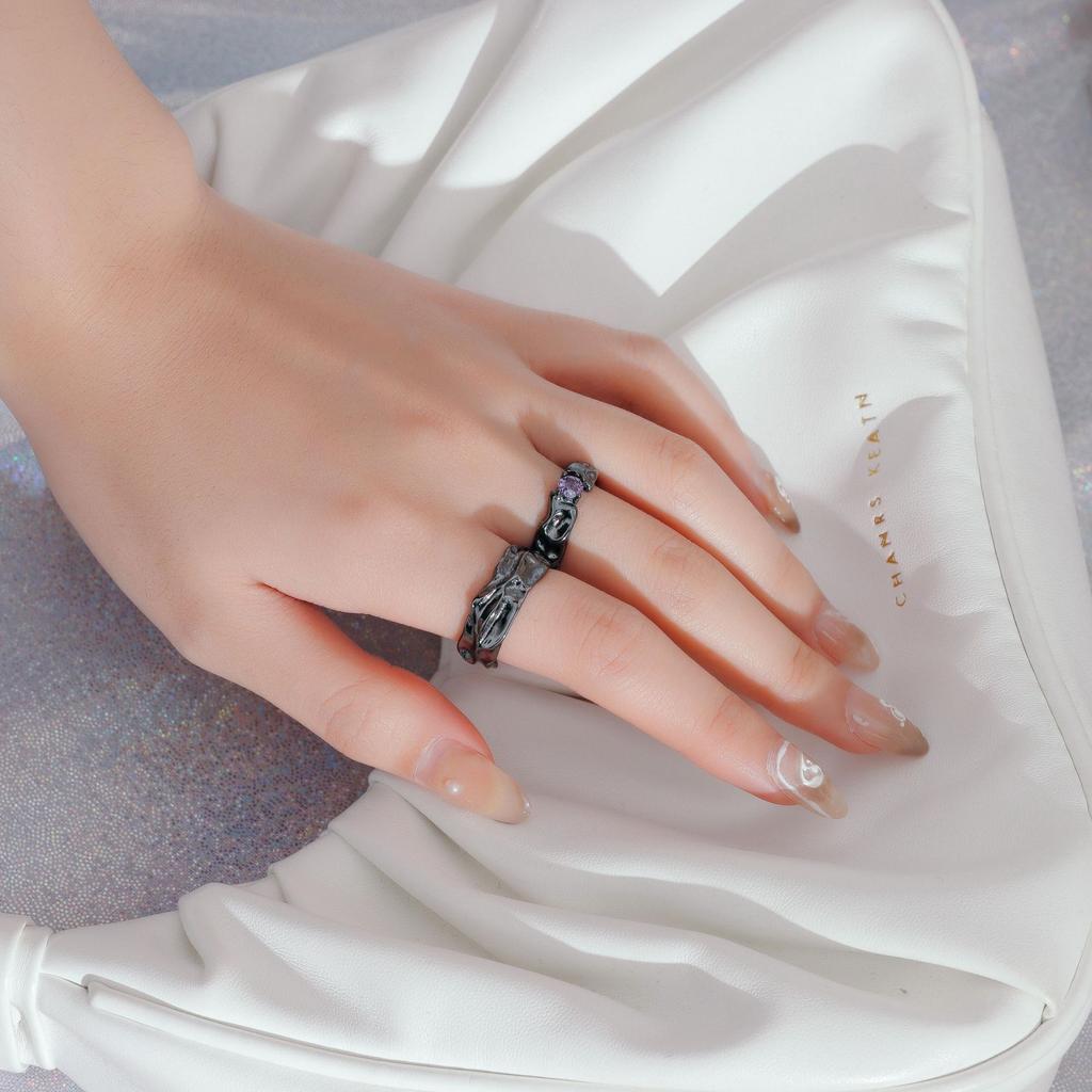 Dark Wind Niche Design High-End Purple Diamond Zircon Retro Couple Ring Index Finger Fashion Personalized Texture Ring