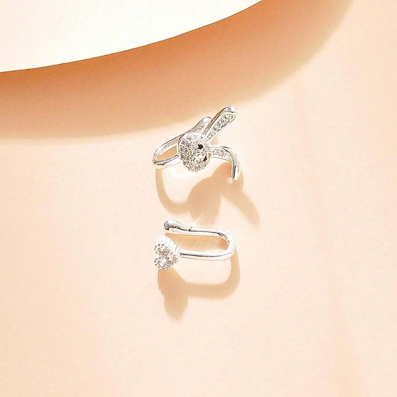 2PCs/Set Gold Silver Cartoon Rabbit Heart Fake Nose Ring Hollow Butterfly Heart U-shaped Nose Clip Body Jewelry