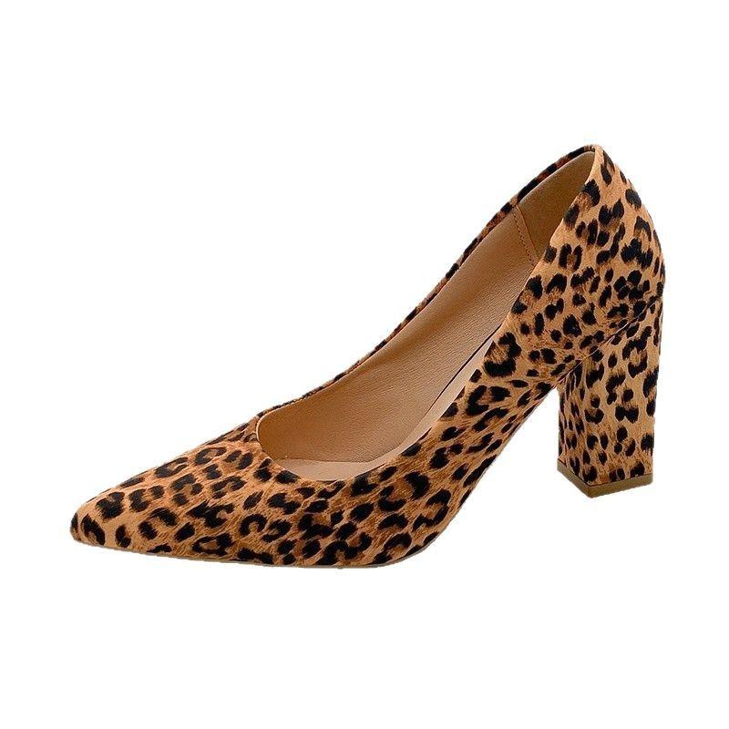 Large size suede leopard print high heels autumn new thick heel single shoes pointed head shallow mouth European and American fashion shoes