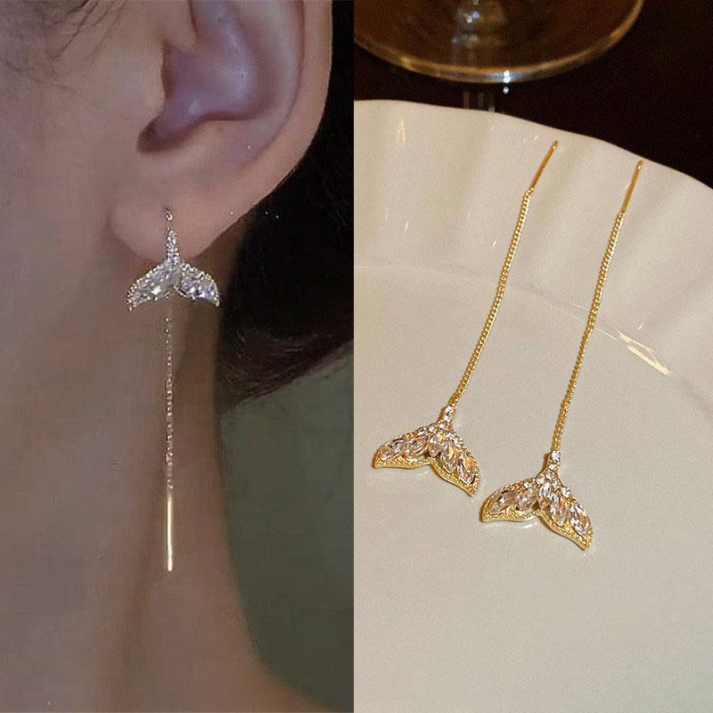 Drop Ear Line Langhengende øredobber for kvinner Rose gullfarge Zircon Crystal Piercing Threader Øredobber Øretilbehør Smykker