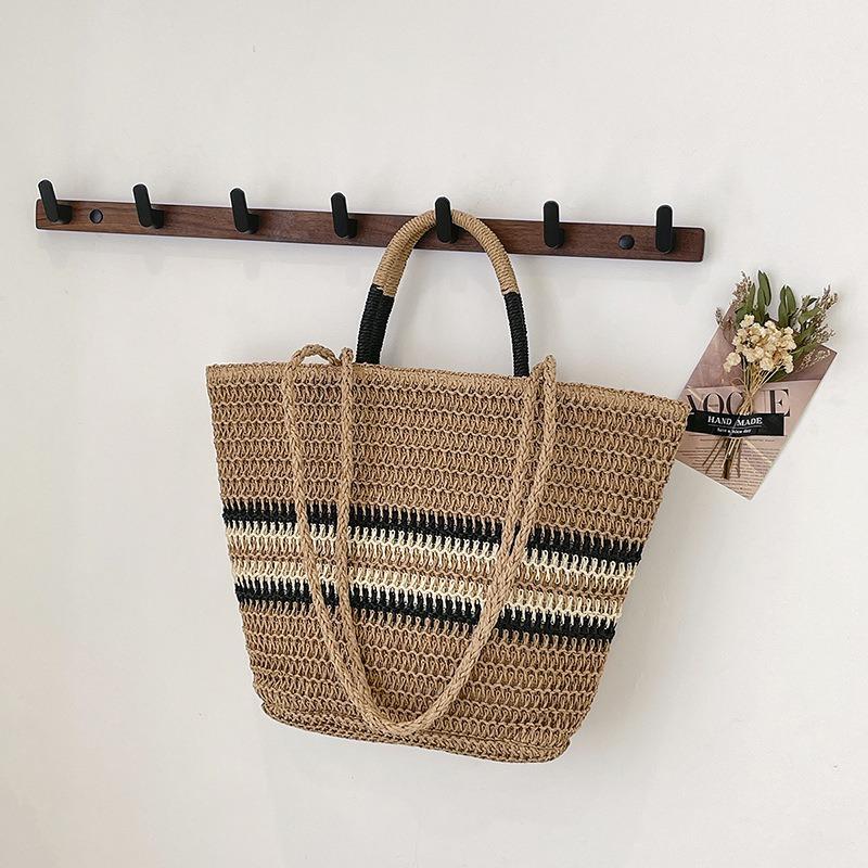 New Summer Shoulder Bag Splicing Striped Straw Bag Women's Popular Fashion Simple Tote Bag Messenger Bag