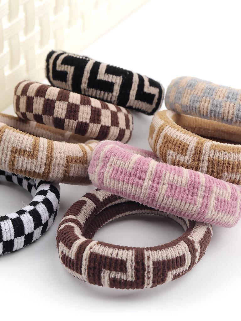 8pcs Bold Large Towel Print Hair Ring, High Elasticity Seam Head Rope Ball Head Rubber Band Hair Ornament