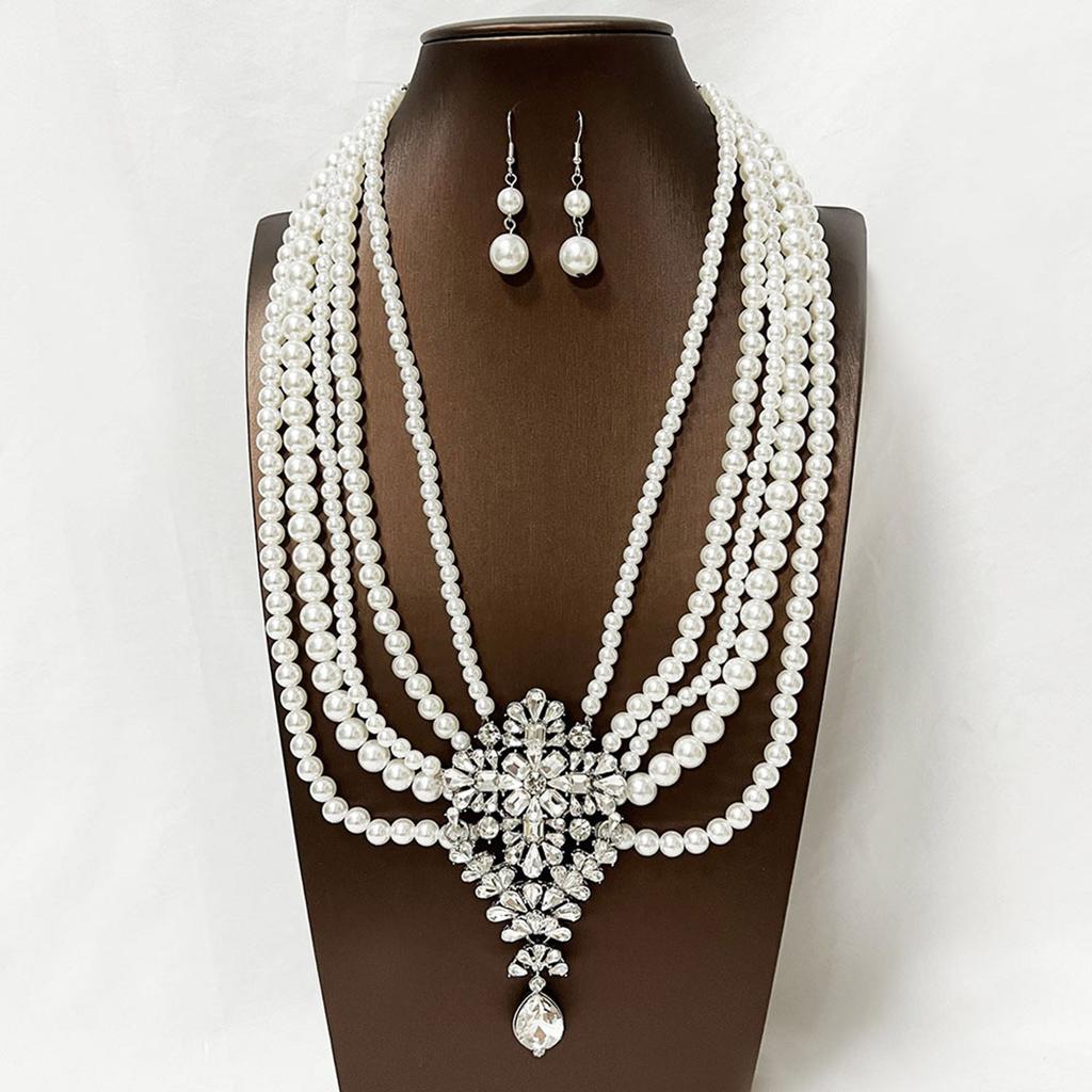 Sparkling Multi Layer Faux Pearls Necklace And Earrings Set With Crystal Accent For Evening Party Elegant Jewelry Gift