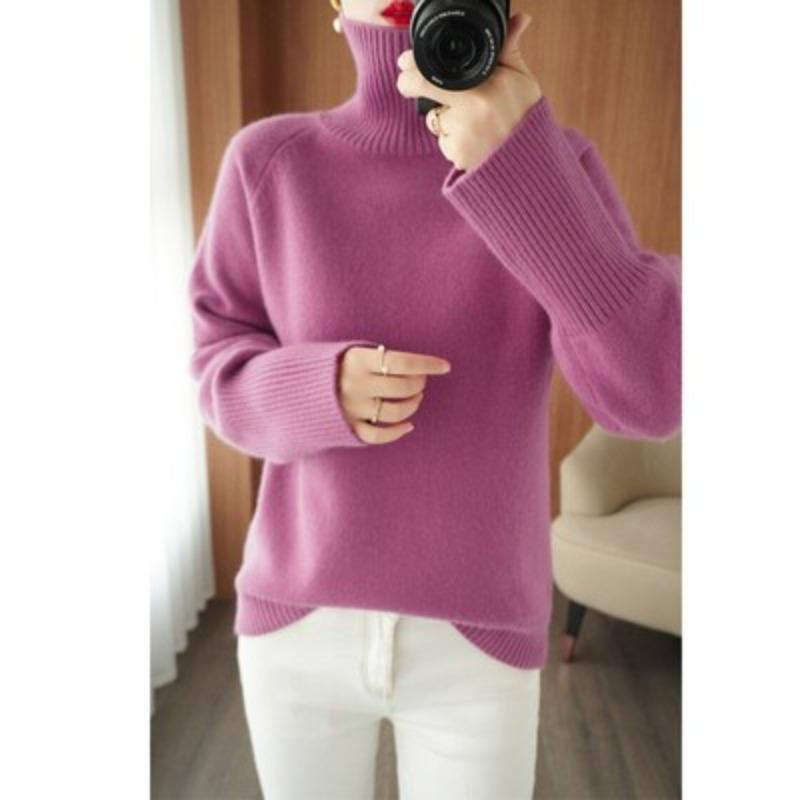 Осень и зима женские пуловеры вязаные свитера ретро водолазка свитер однотонный женский модный длинный рукав теплый свободный повседневный трикотажные джемперы 25255 2XL фиолетовый