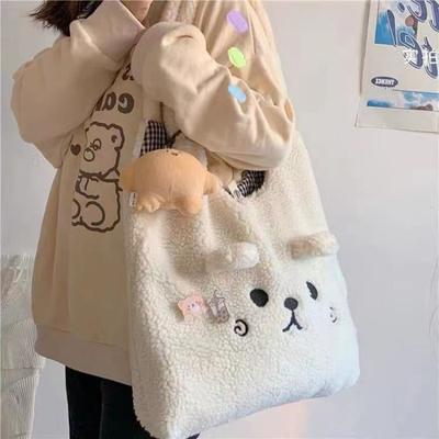 Bolsa de pelúcia em pelúcia de cordeiro fofo outono e inverno colegial grande capacidade versátil bolsa de ombro bolsa tote