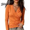 Basic Layering Shirts Cross V-Neck Long Sleeve Top for Women Slim Fit Sexy Women Blouse Pleated Shirt Fall Solid Color Casual Office Work Wear