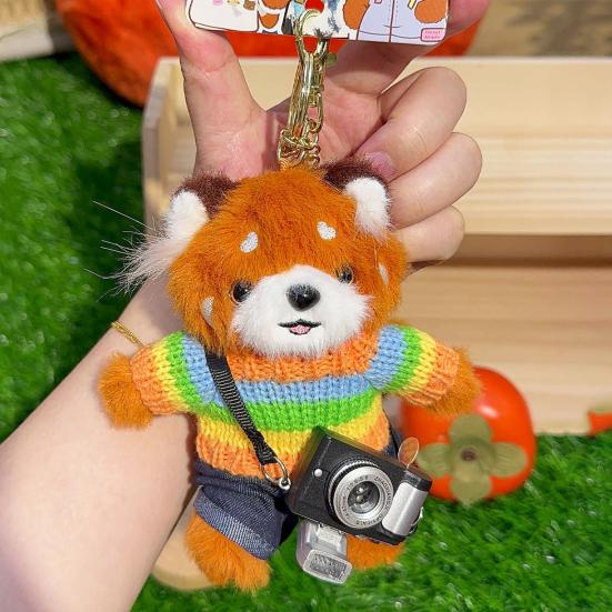 Cartoon Red Panda Plush Keychain Stuffed Red Panda Wearing Sweater Bag Charm with Mini Camera for Backpack Handbag Car Key Accessories