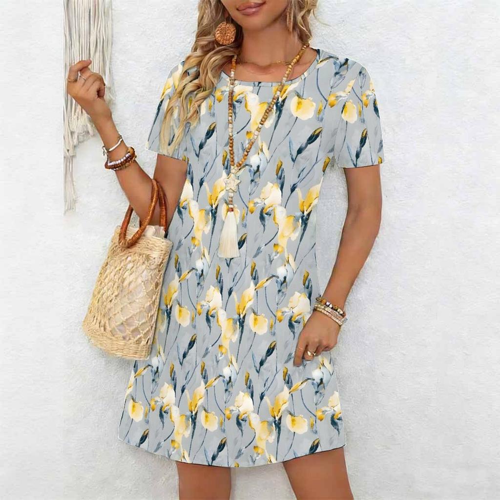 Dammode Vacker Elegant Blomma Fjäril Tryck Sommar Vår Kortärmad Rund Halsringning Vardagsklänningar