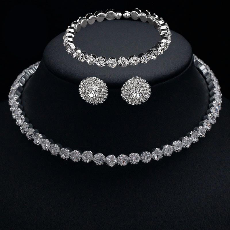 Niche Full Diamond Necklace Earrings Bracelet Three-piece Set Metal Flower Hollow Collar Bridesmaid Bride Suit Women