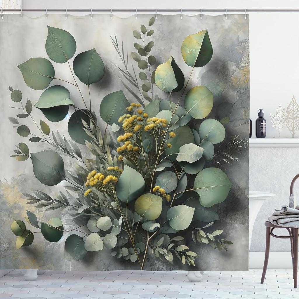 Eucalyptus Leaves Shower Curtain, Gloomy Love Of Nature On Neutral Watercolor Art Background, Cloth Fabric Bathroom De