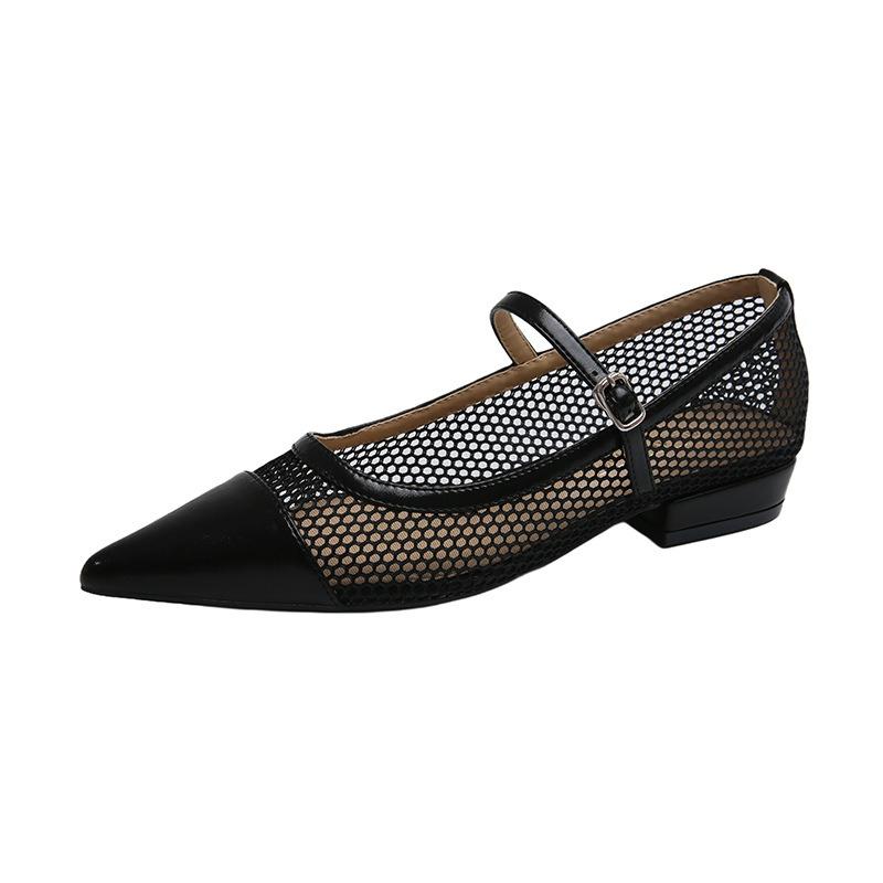 Fashion Fashion Mesh Hollow Low Heel Pumps Women Elegant Pointed Toe Narrow Band Buckle Designer Shoes Comfortable Breathable Dress Shoe