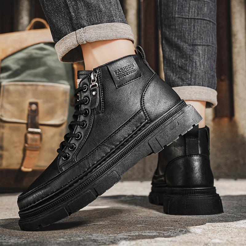 Fashion Casual Shoes for Men Outdoor Leather Board Shoes Comfortable Platform Ankle Short Boots Slip on Male Walking Sneakers