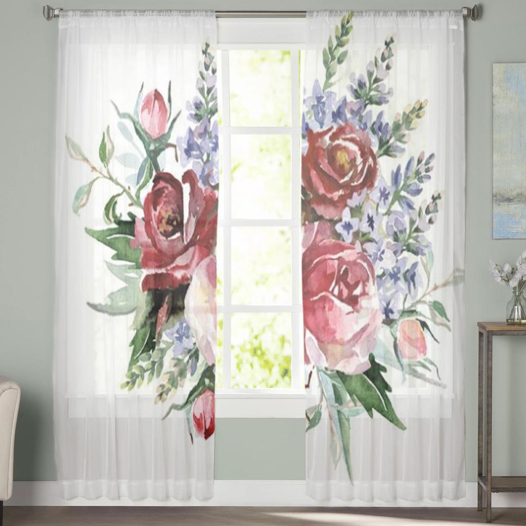 Transparente Vorhänge mit Blumen- und Rosenmotiv für Wohnzimmer, transparenter Tüll, Fensterbehandlungen, Schlafzimmer, Küche, Heimdekoration, Schleiervorhänge