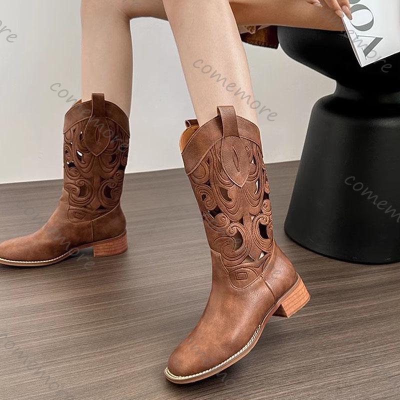 Comemore Hollow Out Western Cowboy Boots for Women 2025 Spring Summer Retro Embroidered Mid-calf Cool Boots Ethnic Knight Botas