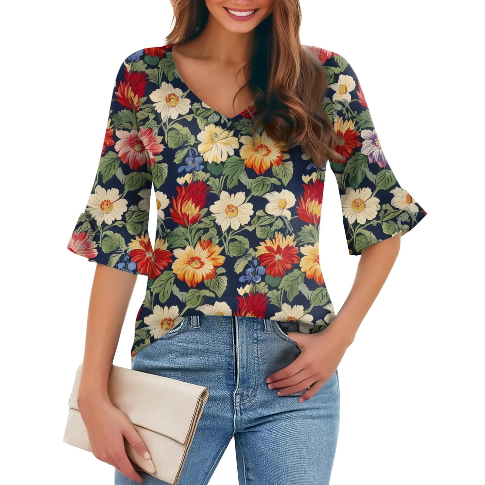 

Женская повседневная модная футболка с V-образным вырезом, свободная, для поездок на работу, с цветочным принтом и рукавами-пятью точками XXXL светло-зеленый