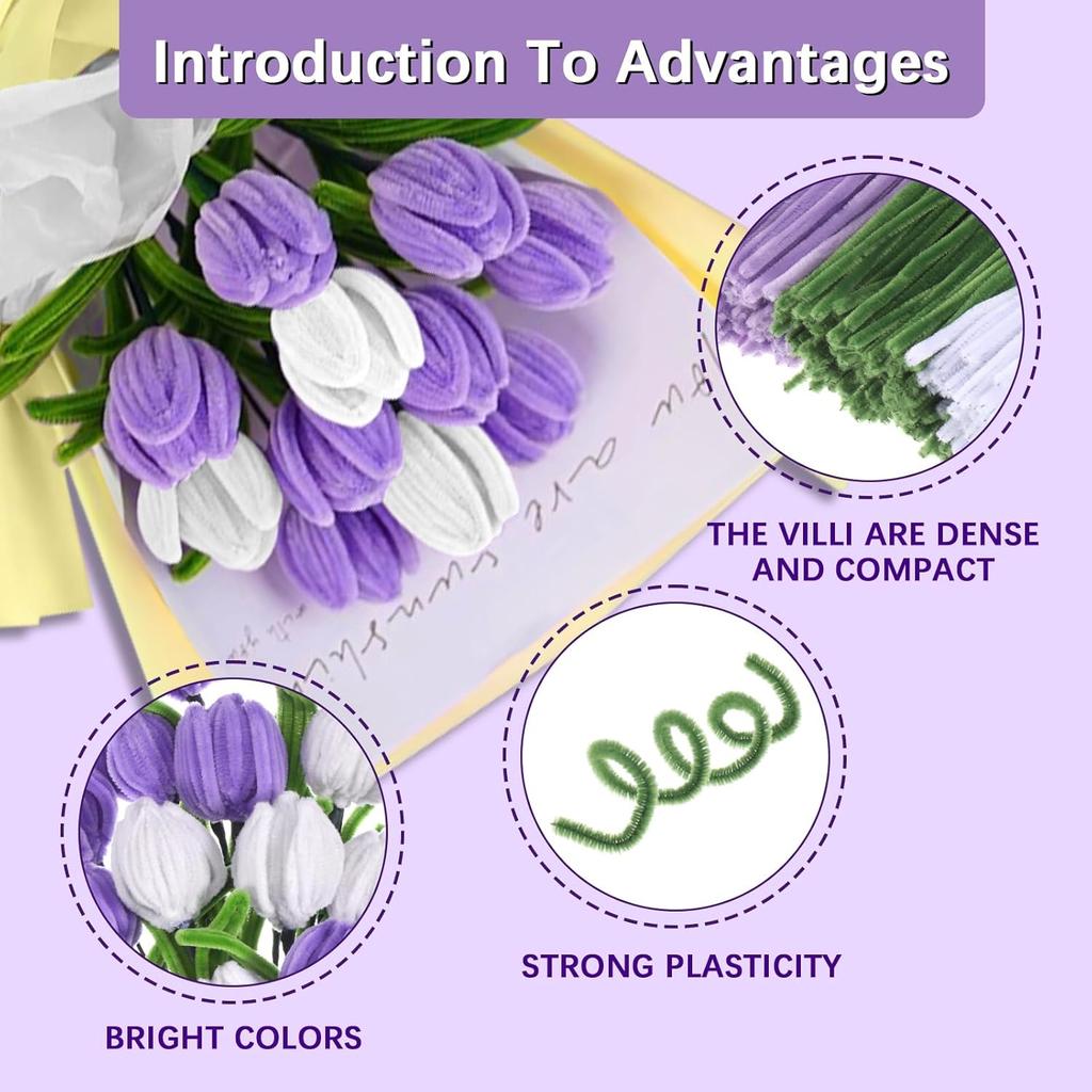 Pipe Cleaners Set 11.8 Inch Pipe Cleaners Chenille Stems Craft Supplies Bulk for Tulip Bouquet Making, Art DIY Craft Projects