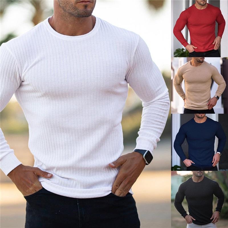 Men's Autumn Sports Fitness Casual Stand Collar Stretch Ribbed Crew Neck Long Sleeve Activewear