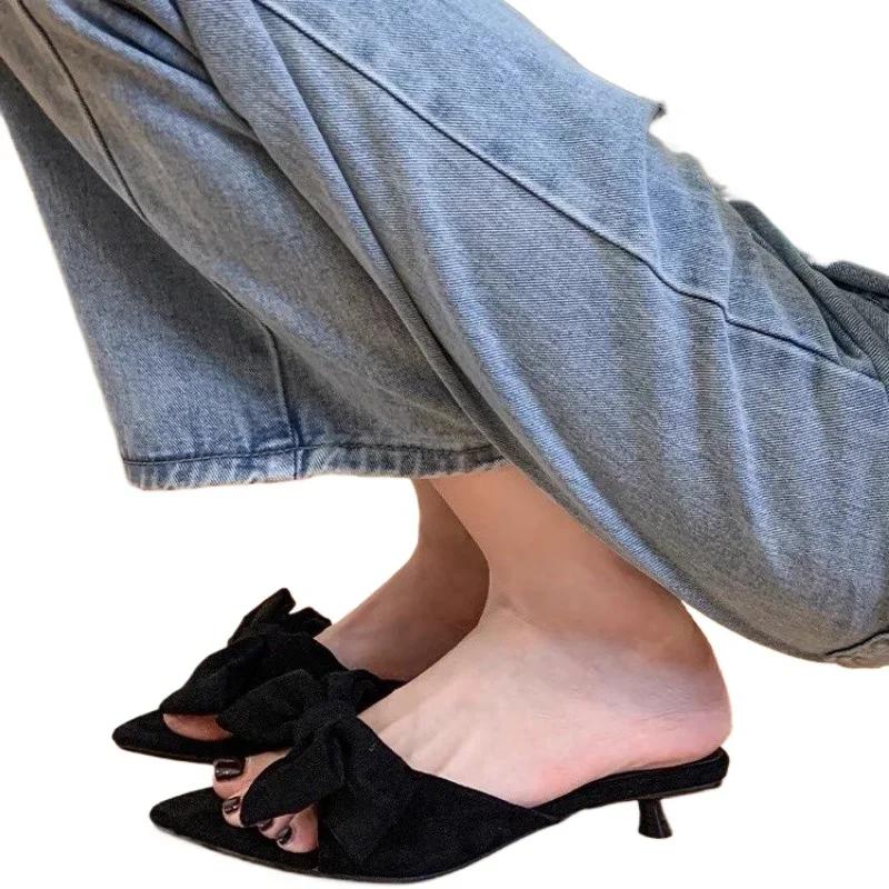 

Модные женские тапочки 2025 Новые туфли с открытым носком для женщин Модные домашние тапочки с бантом-бабочкой Женские летние Бестселлер Каблуки Женские 35 чёрный