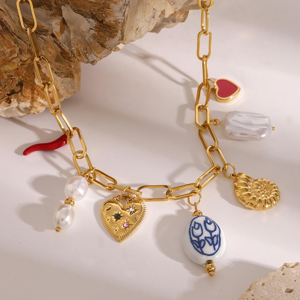 Youthway Trendy Stainless Steel Pearl Conch Heart Porcelain Bead Chili Pendent Necklace Waterproof Gold-Plated Beach Jewelry