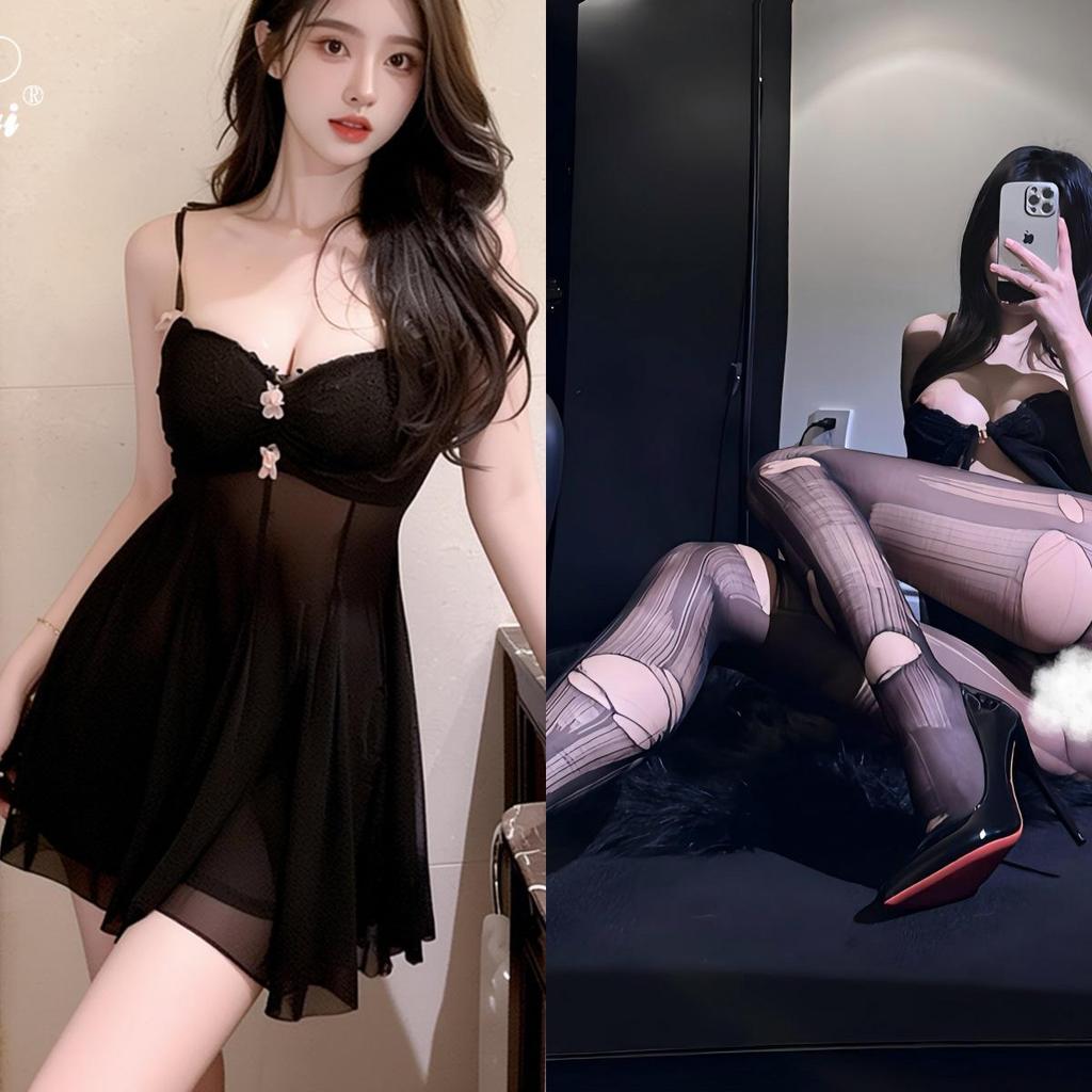 Erotic Lace Mesh Nightgown: Sexy Low-Cut See-Through Camisole Pajamas