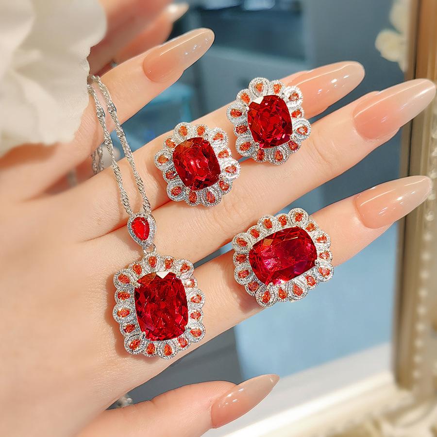 Simulation Royal Blue Treasure Pendant Necklace Pigeon Blood Red Earrings Set Emerald Female Stud Earrings Zircon Ring
