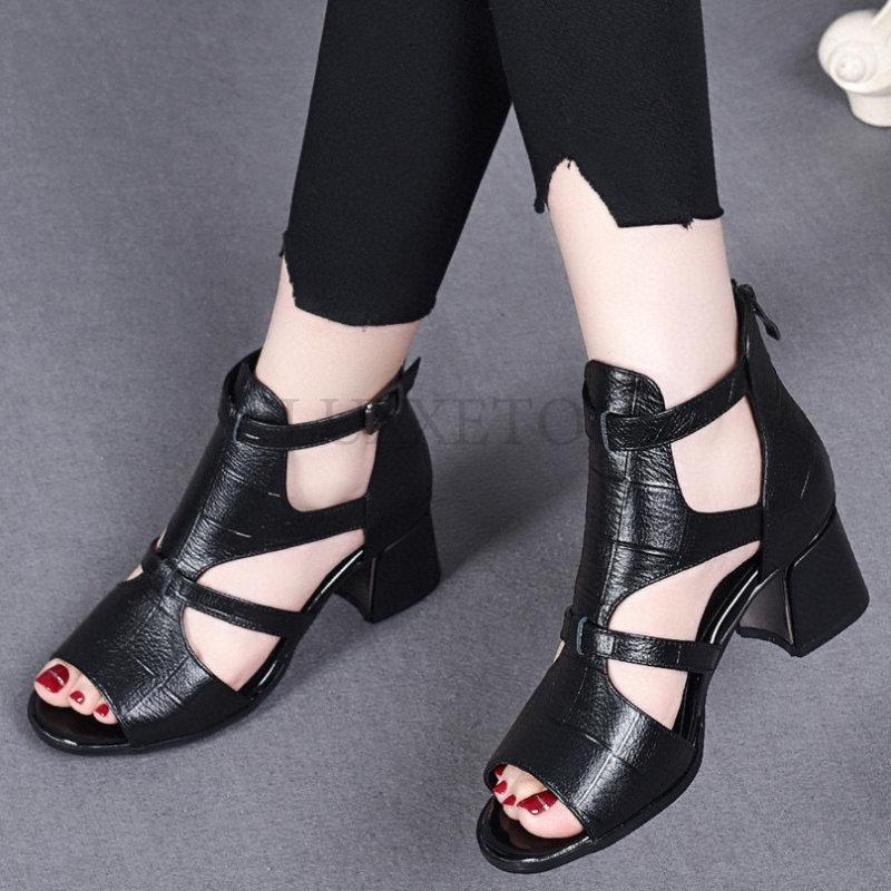 Sandale cu toc înalt de modă pentru femei, pantofi cu gură de pește de vară, cu toc gros, sandale cu fermoar în spate, solide, casual, pentru femei