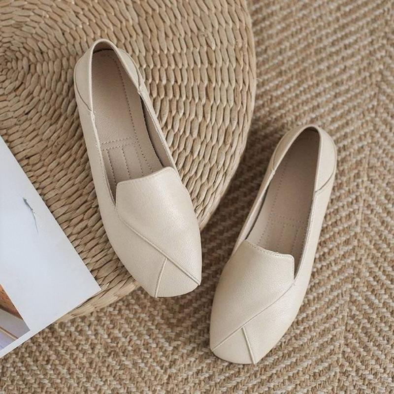 Damskor med fyrkantig tå, enfärgade, för damer, mjukt läder, mjuk sula, låg klack, halkfria, bekväma skor