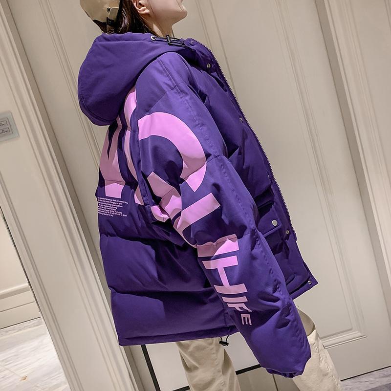 

Зимняя свободная повседневная хлопковая пуховая куртка средней и длинной длины с буквенным узором, универсальная женская хлопковая куртка с капюшоном M