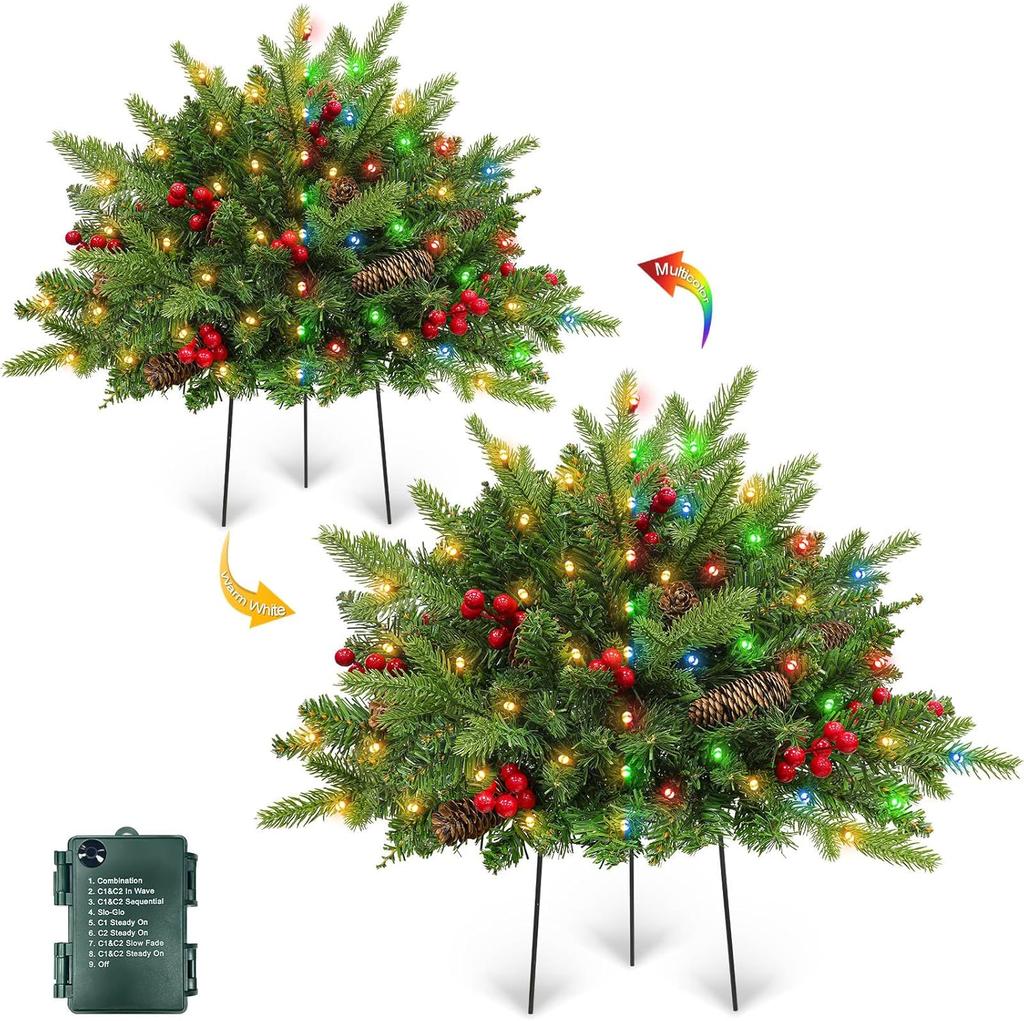 2 Pack 24' Battery-Operated Christmas Tree Urn with Pinecones, Red Berries & Lights - Outdoor Holiday Decor