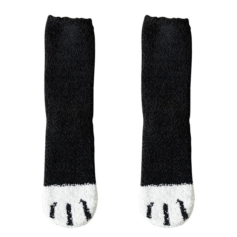 Coral Fleece Socks for Women In Autumn and Winter, Thickened and Fleece Warm Mid-calf Socks, Cute and Sweet Cat Paw Socks, Floor Socks