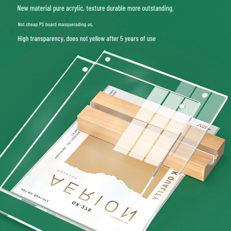 A4 Acrylic Table Card Holder with Beech Wood Base, Double-Sided Pull-Out Display Stand
