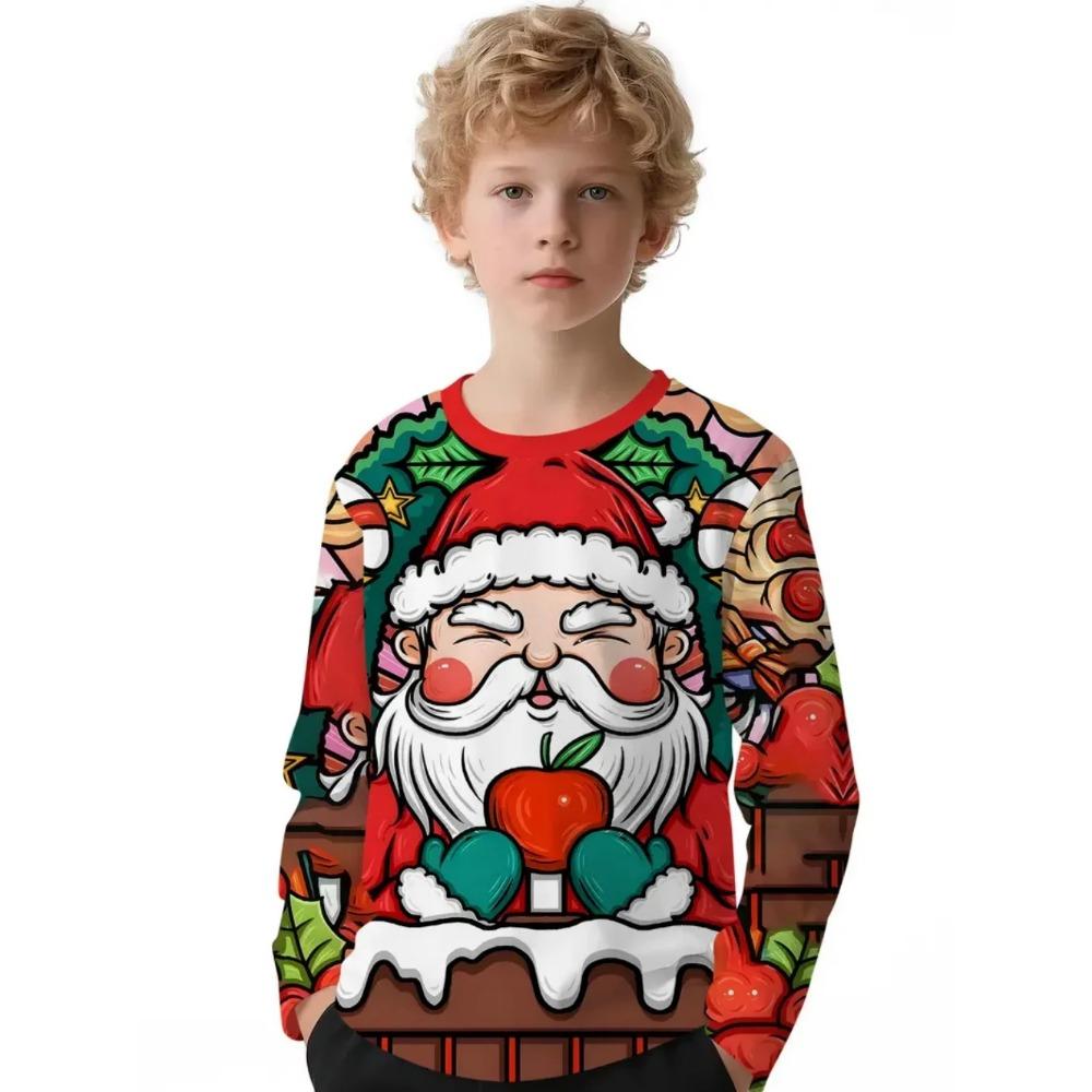 Spring and Autumn Round Neck Cute Santa Claus Pattern 3D Printed Top Fashionable Casual Long Sleeved Children's Boy T-shirts